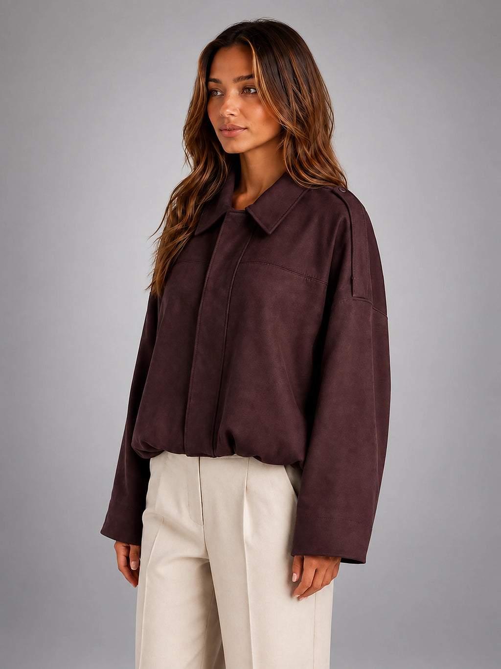 Women's Faux Suede Bomber Jacket – Oversized Collar - Burgundy