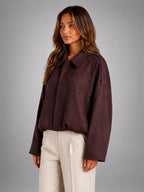 Women's Faux Suede Bomber Jacket – Oversized Collar - Burgundy