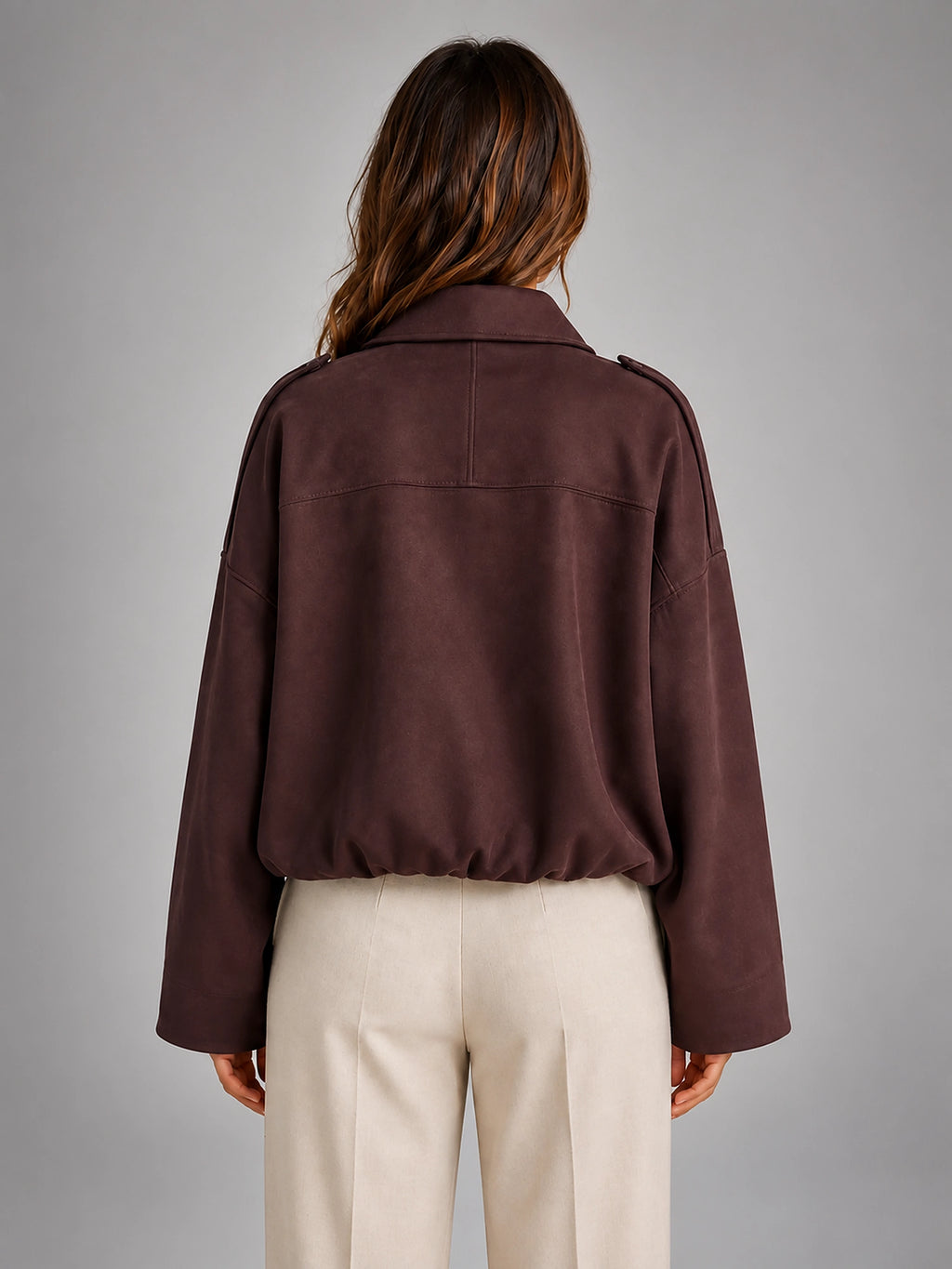 Women's Faux Suede Bomber Jacket – Oversized Collar - Burgundy