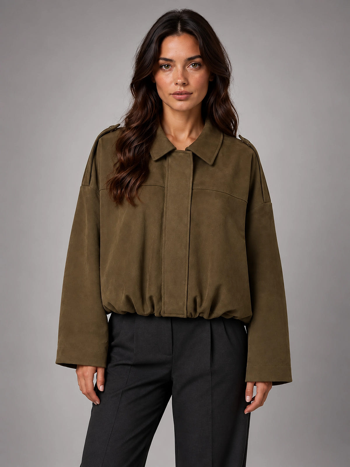 Women's Faux Suede Bomber Jacket – Oversized Collar - Mocha