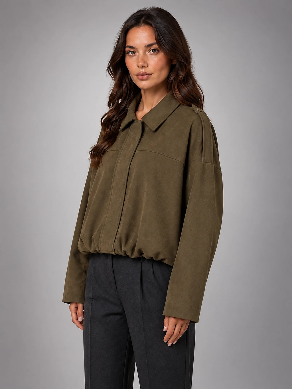 Women's Faux Suede Bomber Jacket – Oversized Collar - Mocha