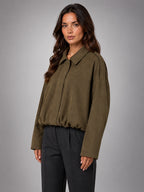 Women's Faux Suede Bomber Jacket – Oversized Collar - Mocha