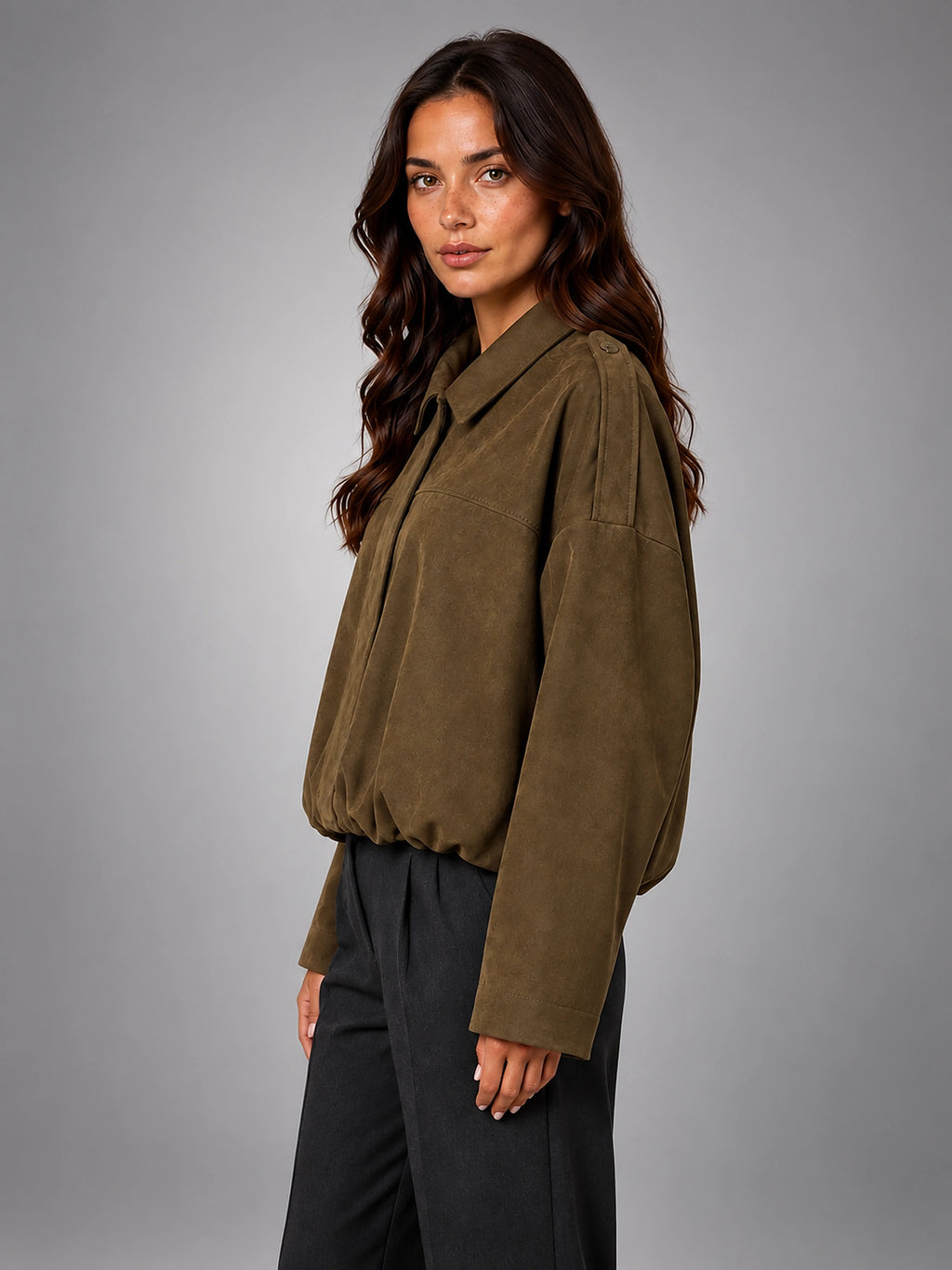 Women's Faux Suede Bomber Jacket – Oversized Collar - Mocha