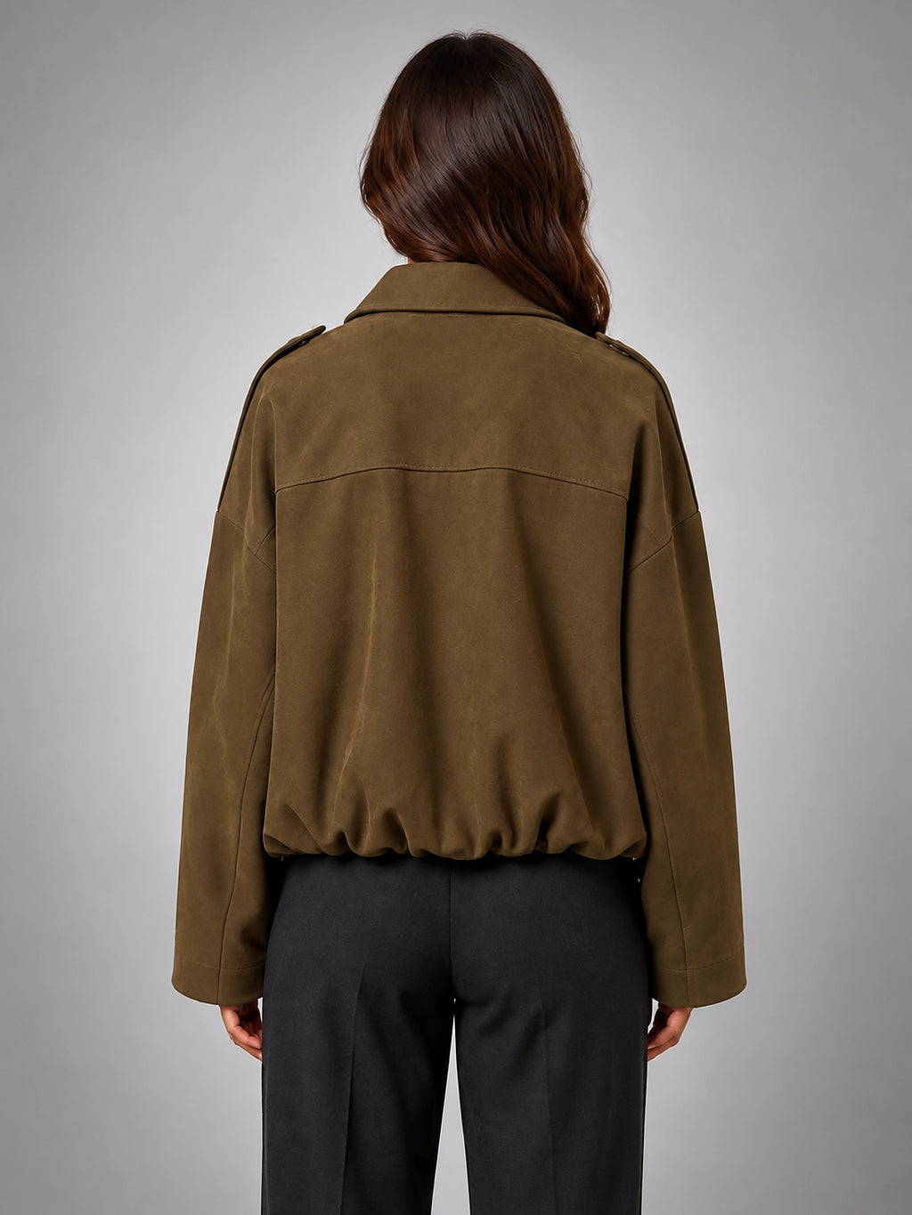 Women's Faux Suede Bomber Jacket – Oversized Collar - Mocha