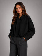 Women's Faux Suede Bomber Jacket – Oversized Collar - Black