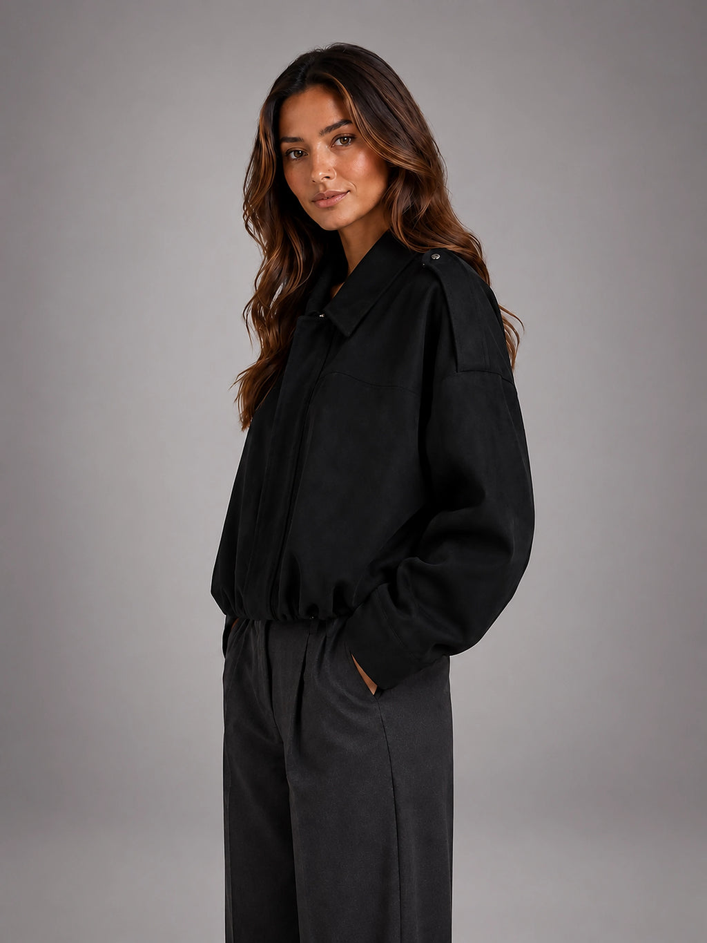 Women's Faux Suede Bomber Jacket – Oversized Collar - Black