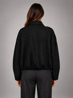 Women's Faux Suede Bomber Jacket – Oversized Collar - Black