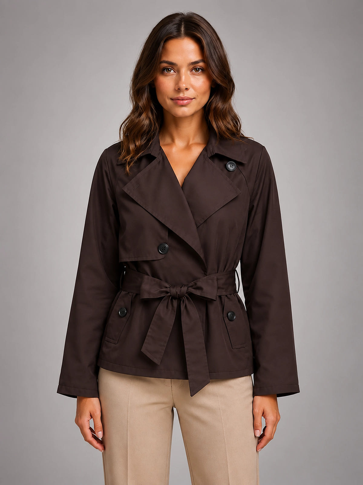 Women's Cropped Trench Jacket – Tie Waist Double Breasted - Brown
