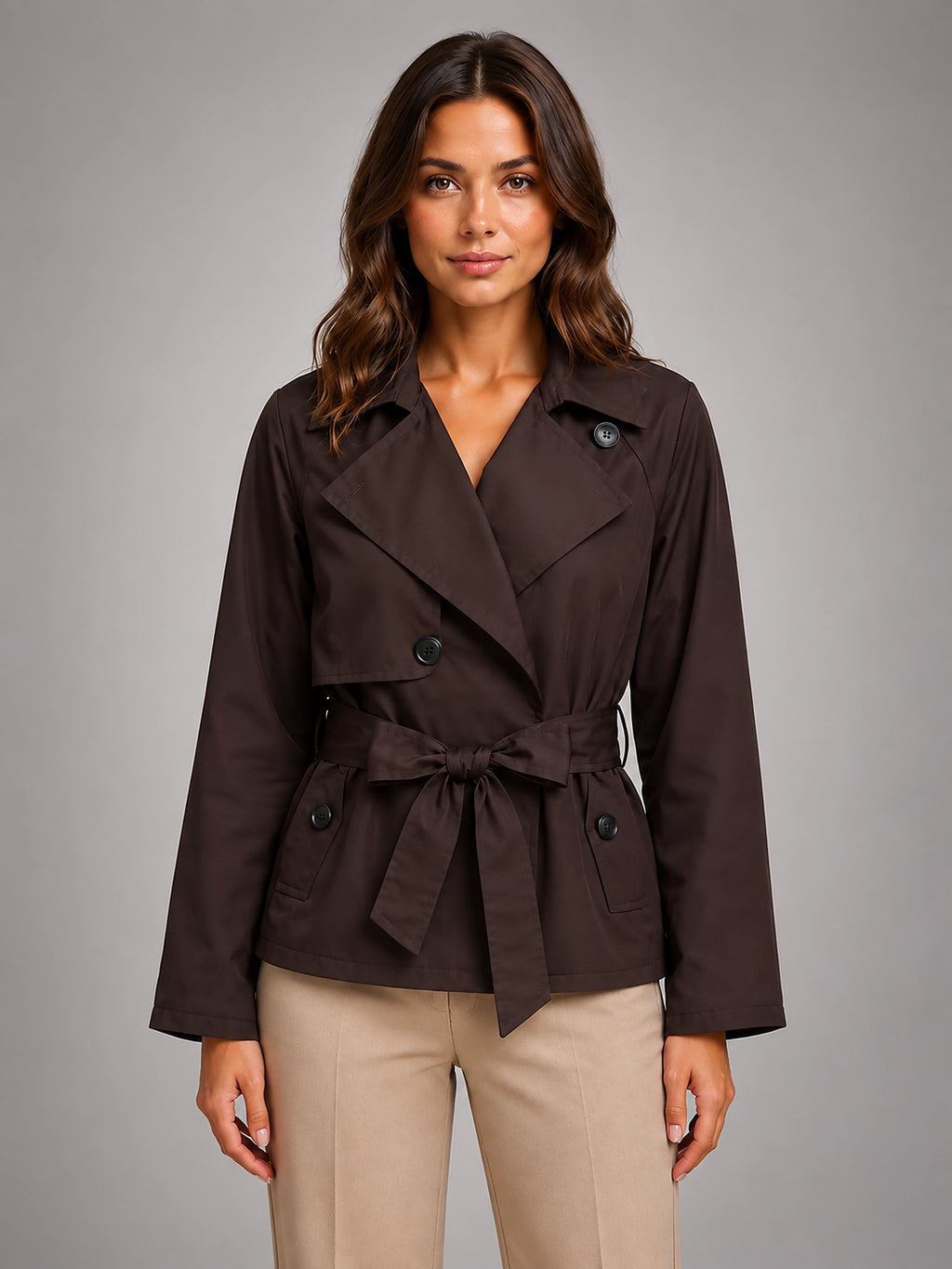 Women's Cropped Trench Jacket – Tie Waist Double Breasted - Brown