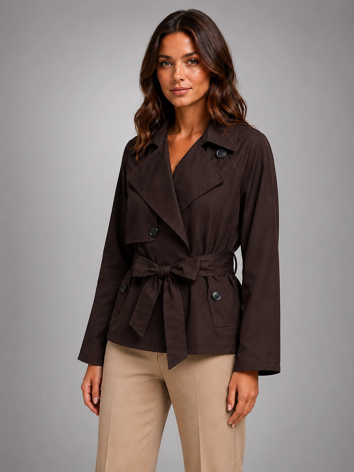 Women's Cropped Trench Jacket – Tie Waist Double Breasted - Brown