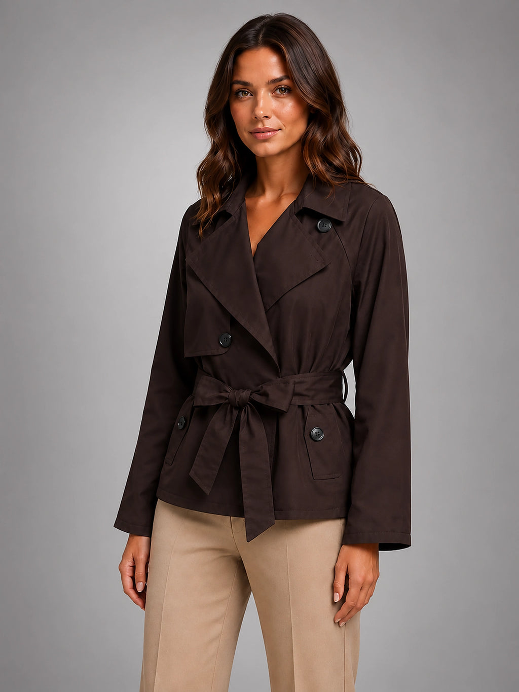 Women's Cropped Trench Jacket – Tie Waist Double Breasted - Brown