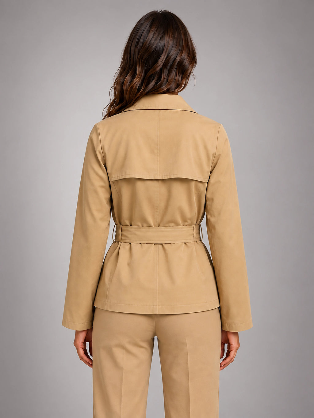 Women's Cropped Trench Jacket – Tie Waist Double Breasted - Beige