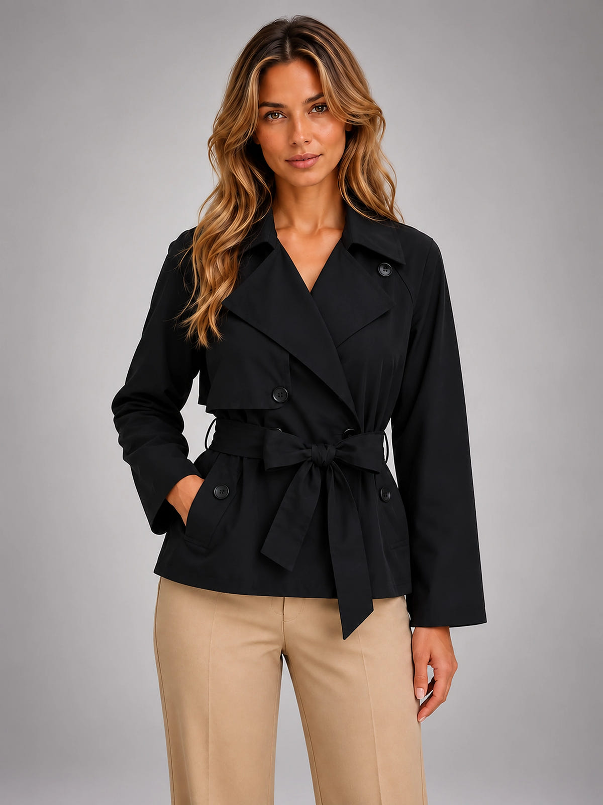 Women's Cropped Trench Jacket – Tie Waist Double Breasted - Black