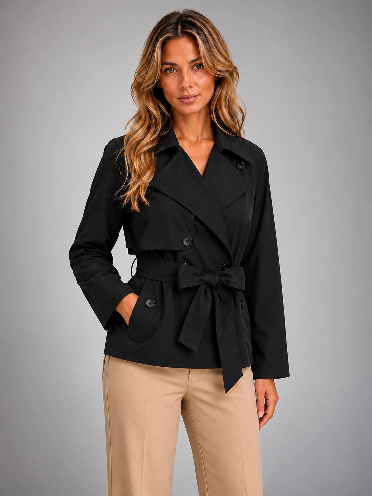 Women's Cropped Trench Jacket – Tie Waist Double Breasted - Black