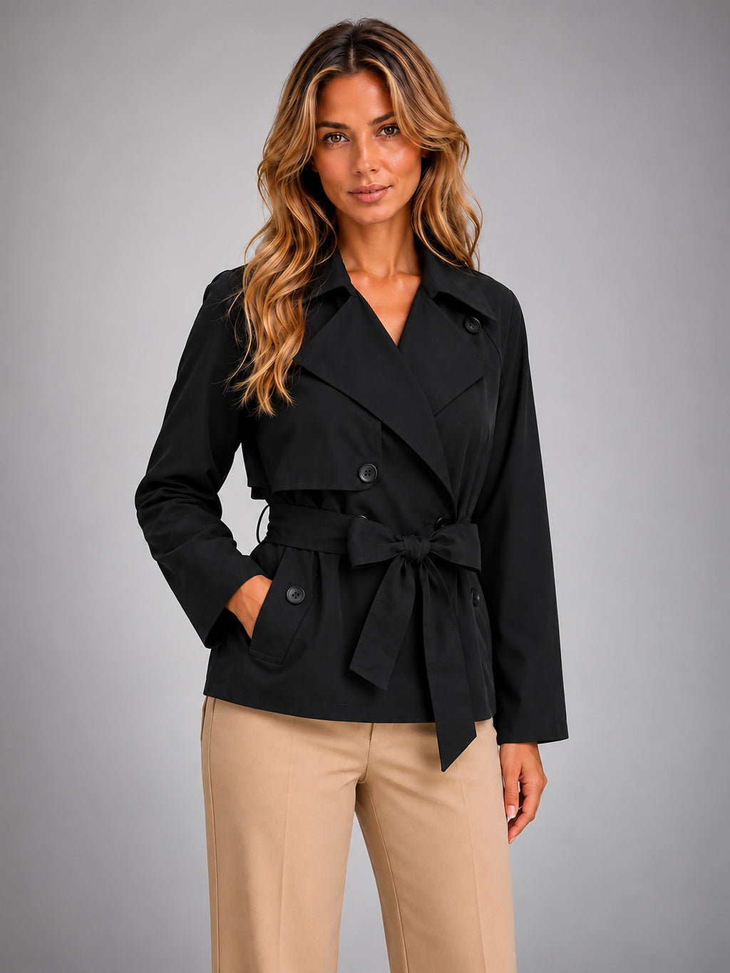 Women's Cropped Trench Jacket – Tie Waist Double Breasted - Black