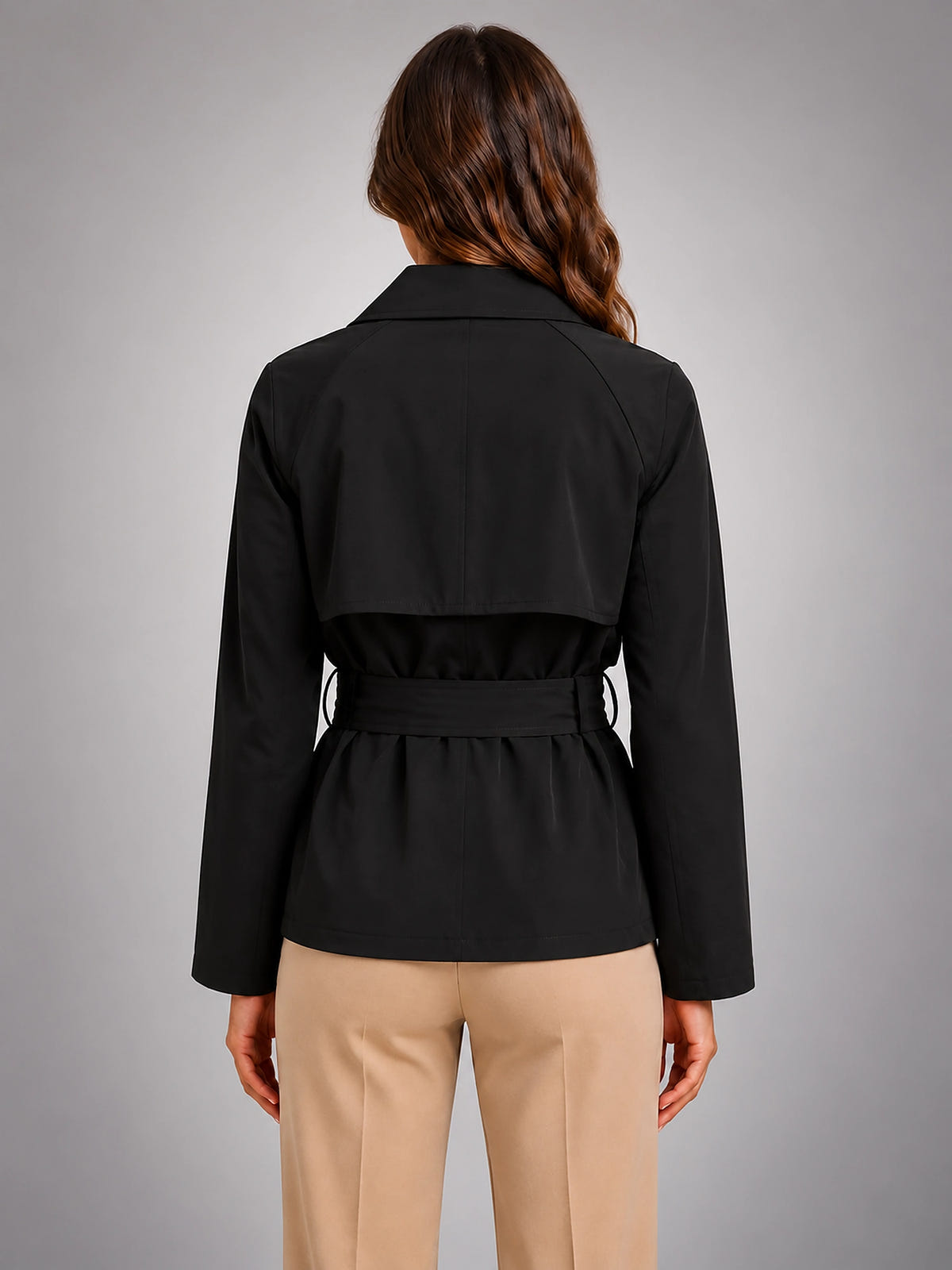 Women's Cropped Trench Jacket – Tie Waist Double Breasted - Black