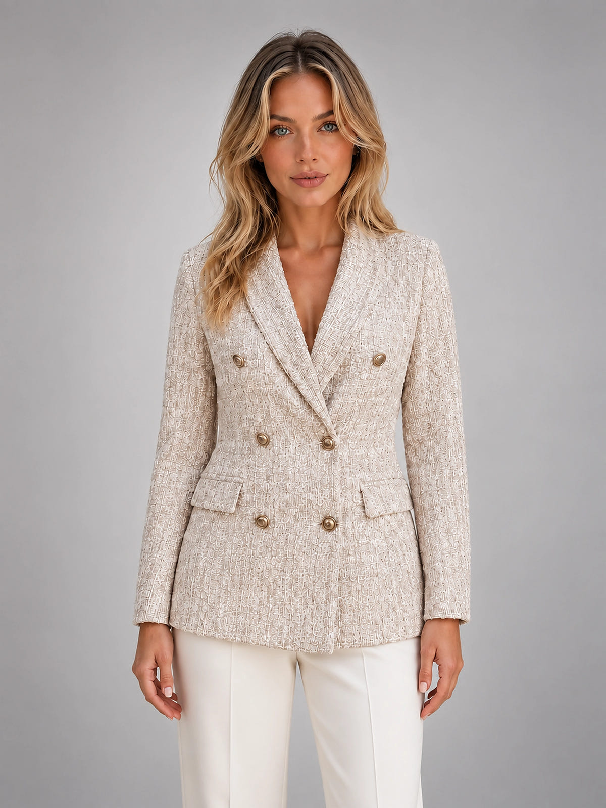 Women's Tweed Blazer – Double Breasted Tailored Fit - Soft Beige