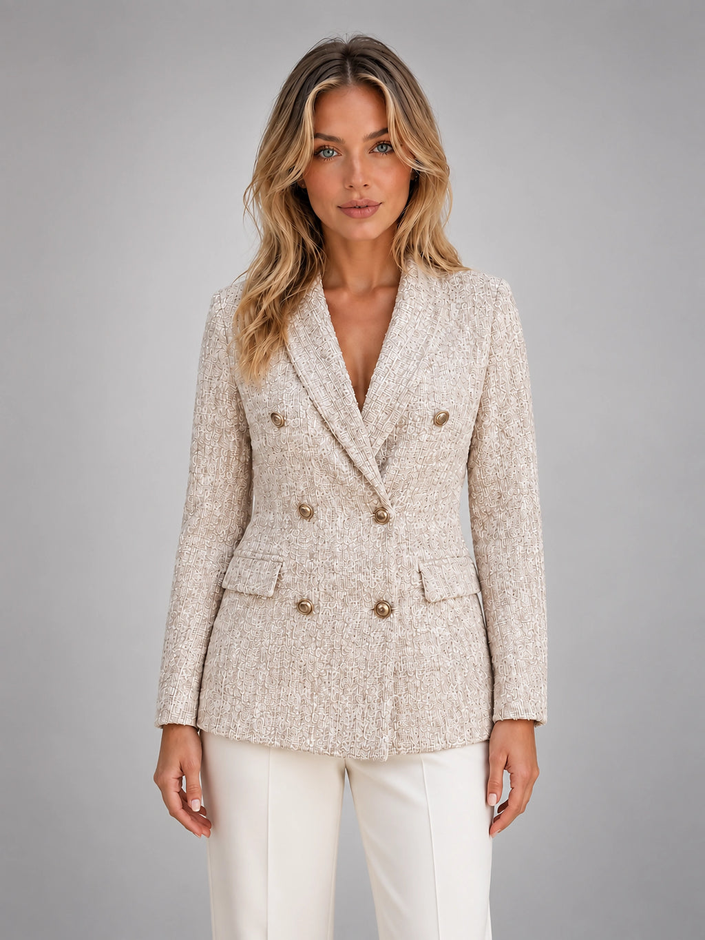 Women's Tweed Blazer – Double Breasted Tailored Fit - Soft Beige