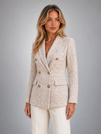 Women's Tweed Blazer – Double Breasted Tailored Fit - Soft Beige
