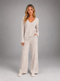 Women's Ribbed Lounge Set – V Neck and Wide Leg Pants - Beige