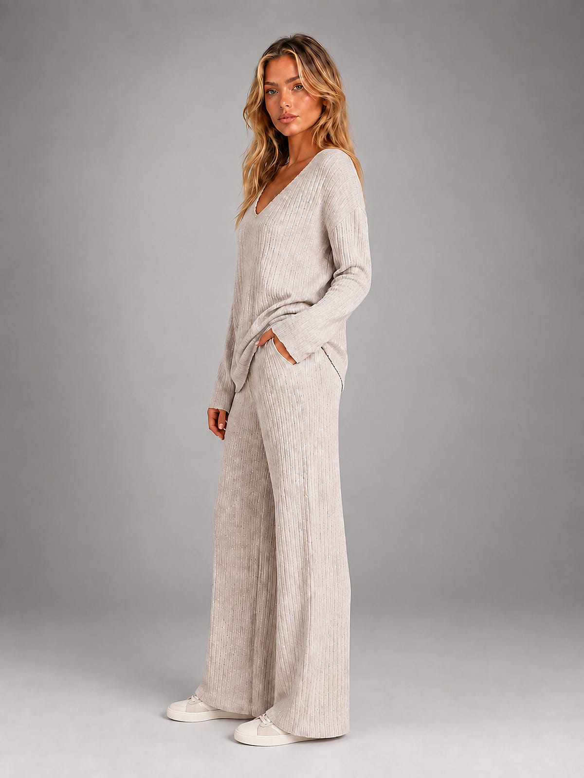Women's Ribbed Lounge Set – V Neck and Wide Leg Pants - Beige