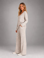Women's Ribbed Lounge Set – V Neck and Wide Leg Pants - Beige
