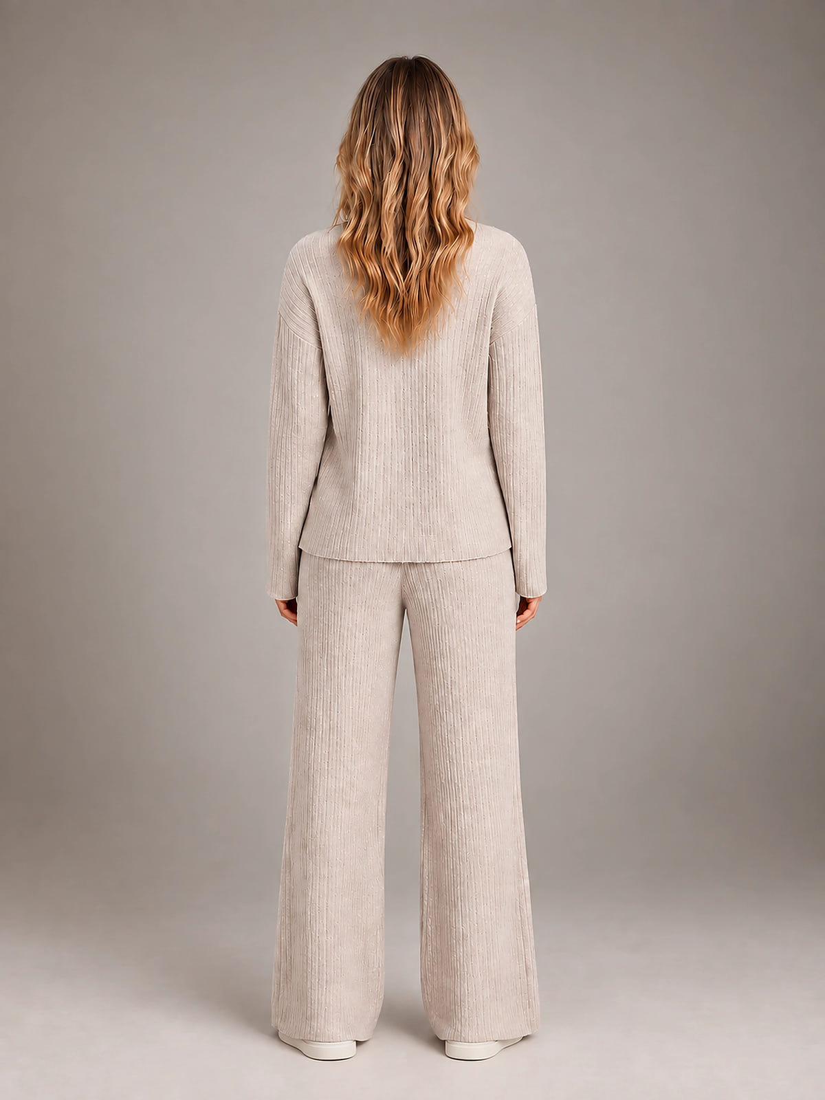 Women's Ribbed Lounge Set – V Neck and Wide Leg Pants - Beige