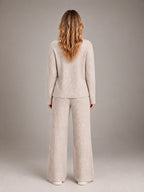 Women's Ribbed Lounge Set – V Neck and Wide Leg Pants - Beige