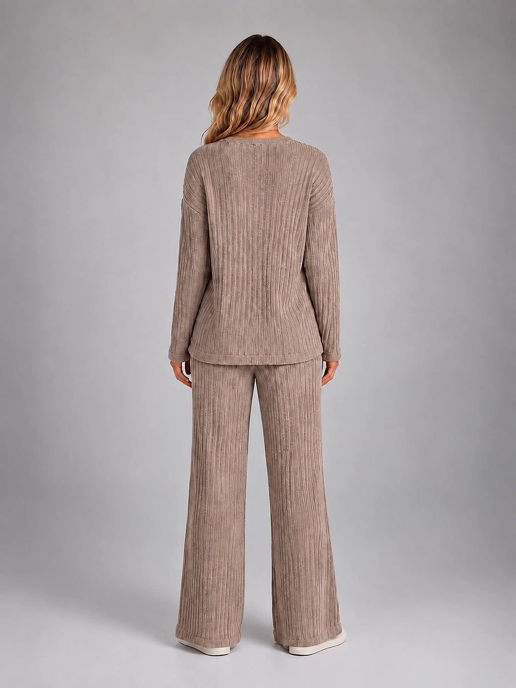 Women's Ribbed Lounge Set – V Neck and Wide Leg Pants - Brown