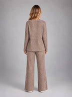 Women's Ribbed Lounge Set – V Neck and Wide Leg Pants - Brown