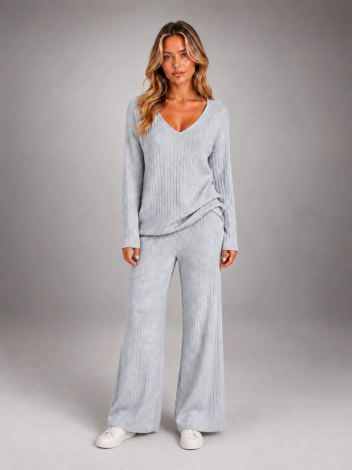 Women's Ribbed Lounge Set – V Neck and Wide Leg Pants - Gray