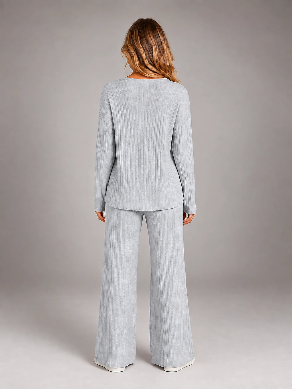 Women's Ribbed Lounge Set – V Neck and Wide Leg Pants - Gray