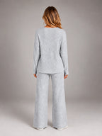 Women's Ribbed Lounge Set – V Neck and Wide Leg Pants - Gray