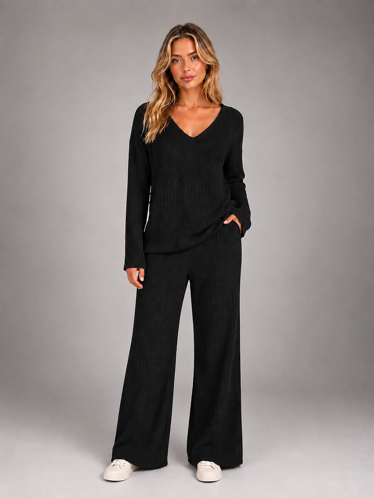 Women's Ribbed Lounge Set – V Neck and Wide Leg Pants - Black