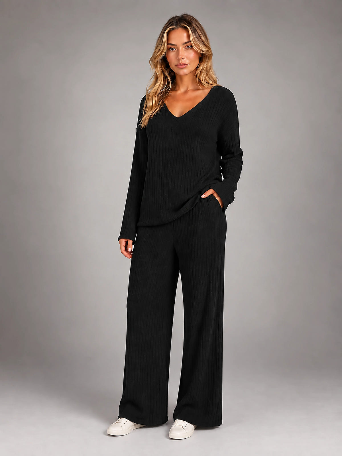 Women's Ribbed Lounge Set – V Neck and Wide Leg Pants - Black