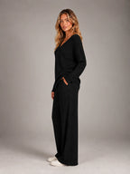 Women's Ribbed Lounge Set – V Neck and Wide Leg Pants - Black