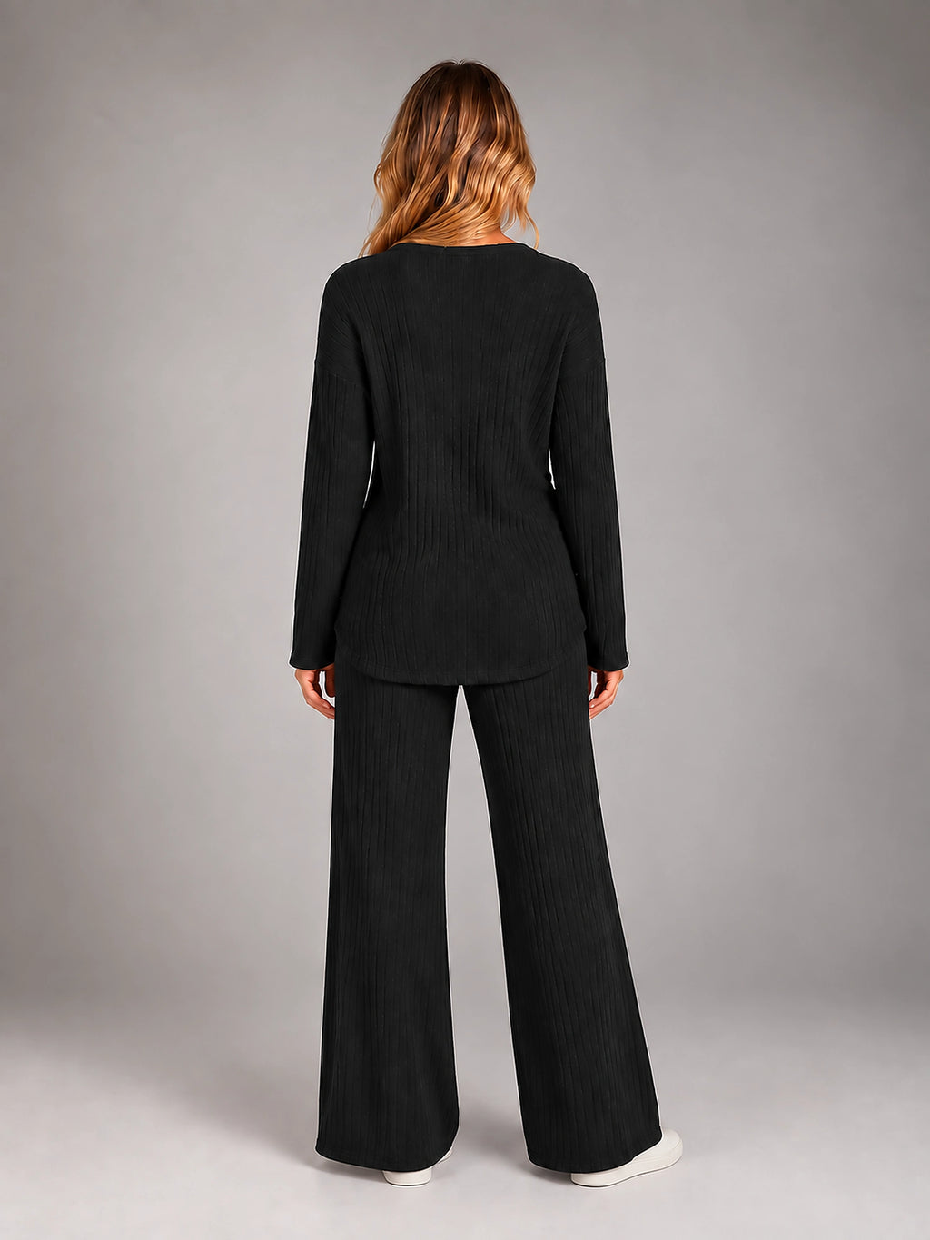 Women's Ribbed Lounge Set – V Neck and Wide Leg Pants - Black