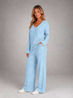 Women's Ribbed Lounge Set – V Neck and Wide Leg Pants - Sky Blue