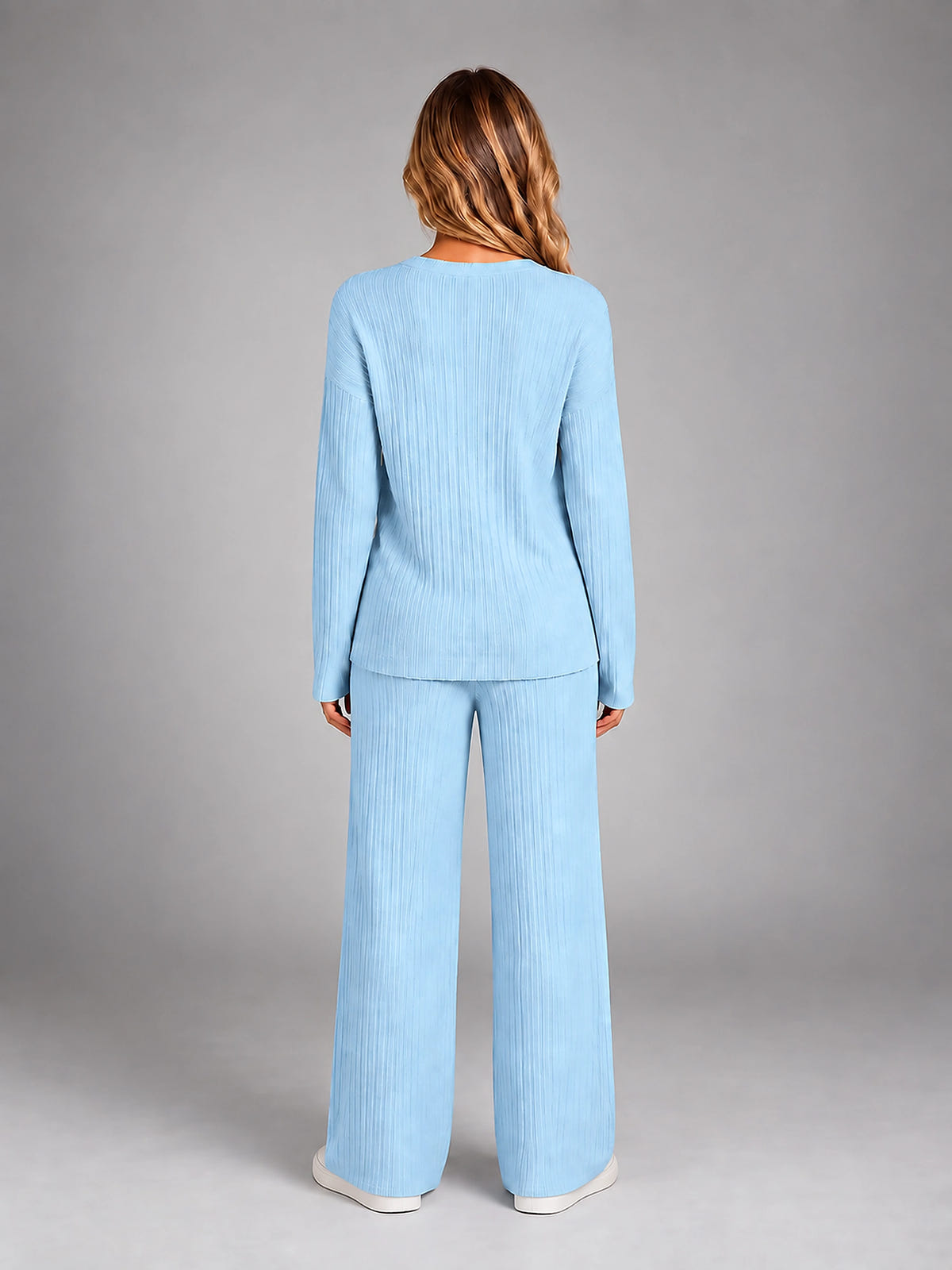 Women's Ribbed Lounge Set – V Neck and Wide Leg Pants - Sky Blue
