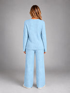 Women's Ribbed Lounge Set – V Neck and Wide Leg Pants - Sky Blue