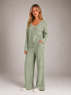 Women's Ribbed Lounge Set – V Neck and Wide Leg Pants - Sage Green