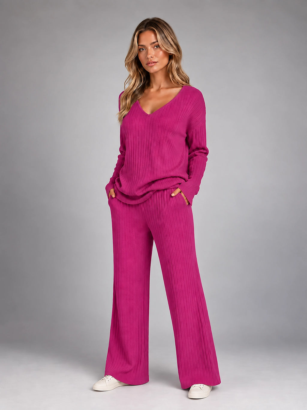 Women's Ribbed Lounge Set – V Neck and Wide Leg Pants - Fuchsia