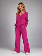 Women's Ribbed Lounge Set – V Neck and Wide Leg Pants - Fuchsia