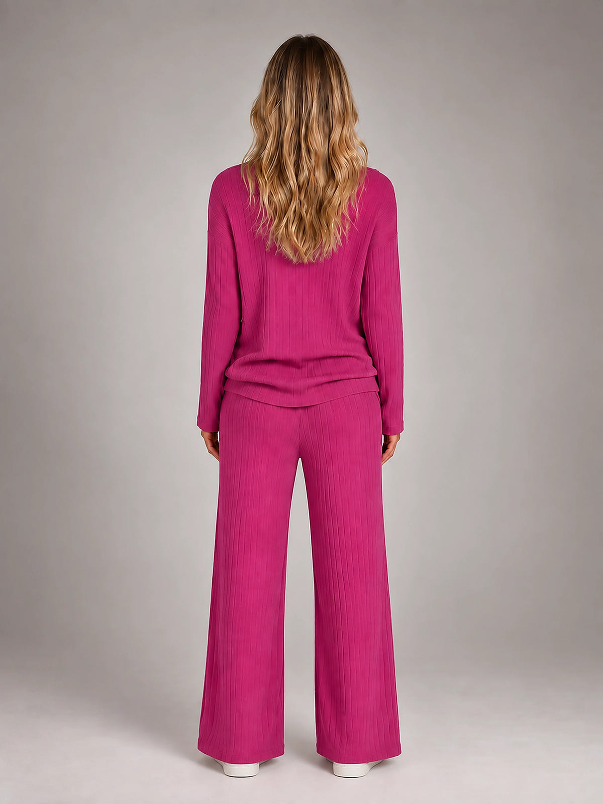 Women's Ribbed Lounge Set – V Neck and Wide Leg Pants - Fuchsia