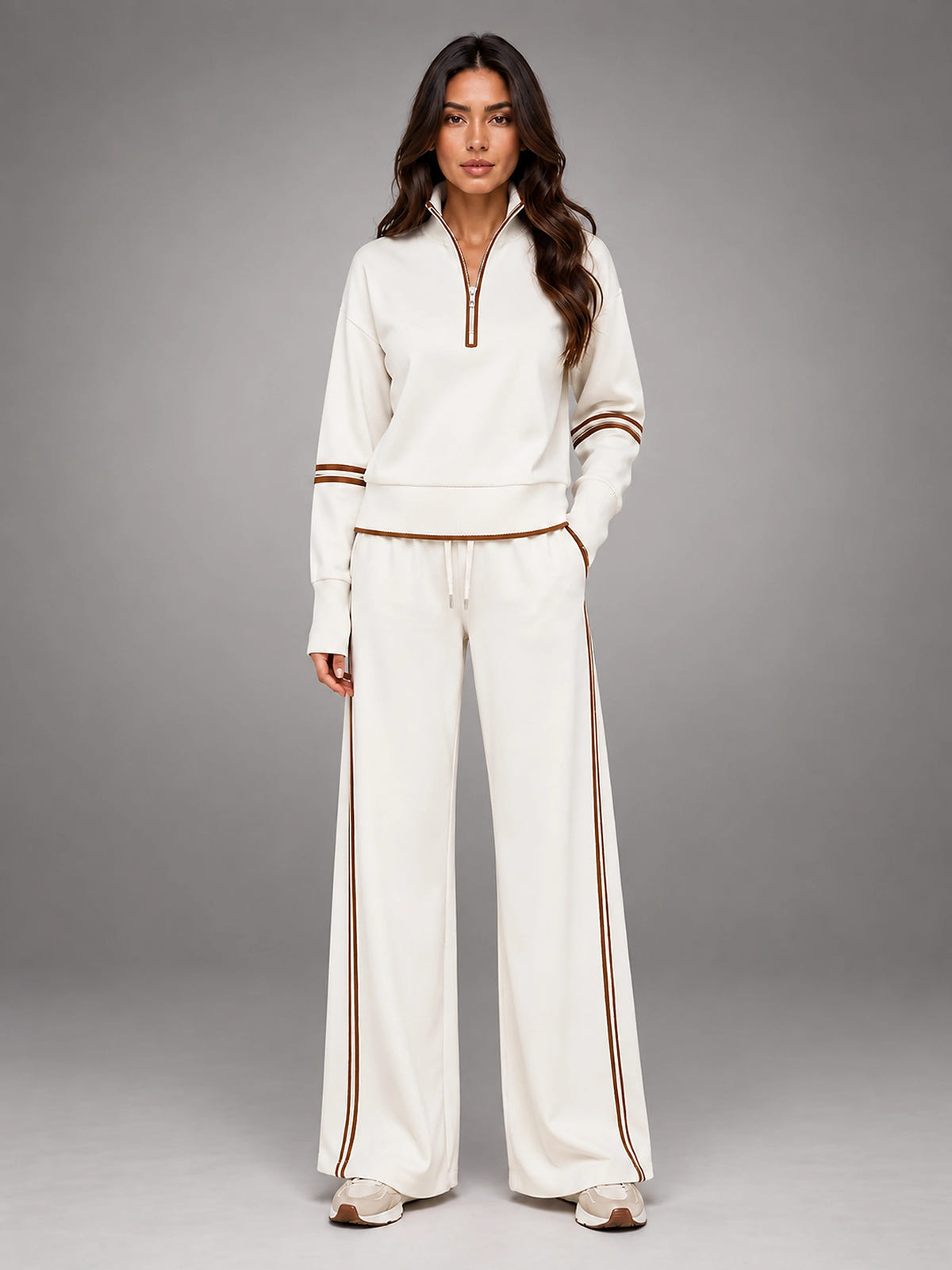 Women's Half Zip Lounge Set – Relaxed Wide Leg - Cream