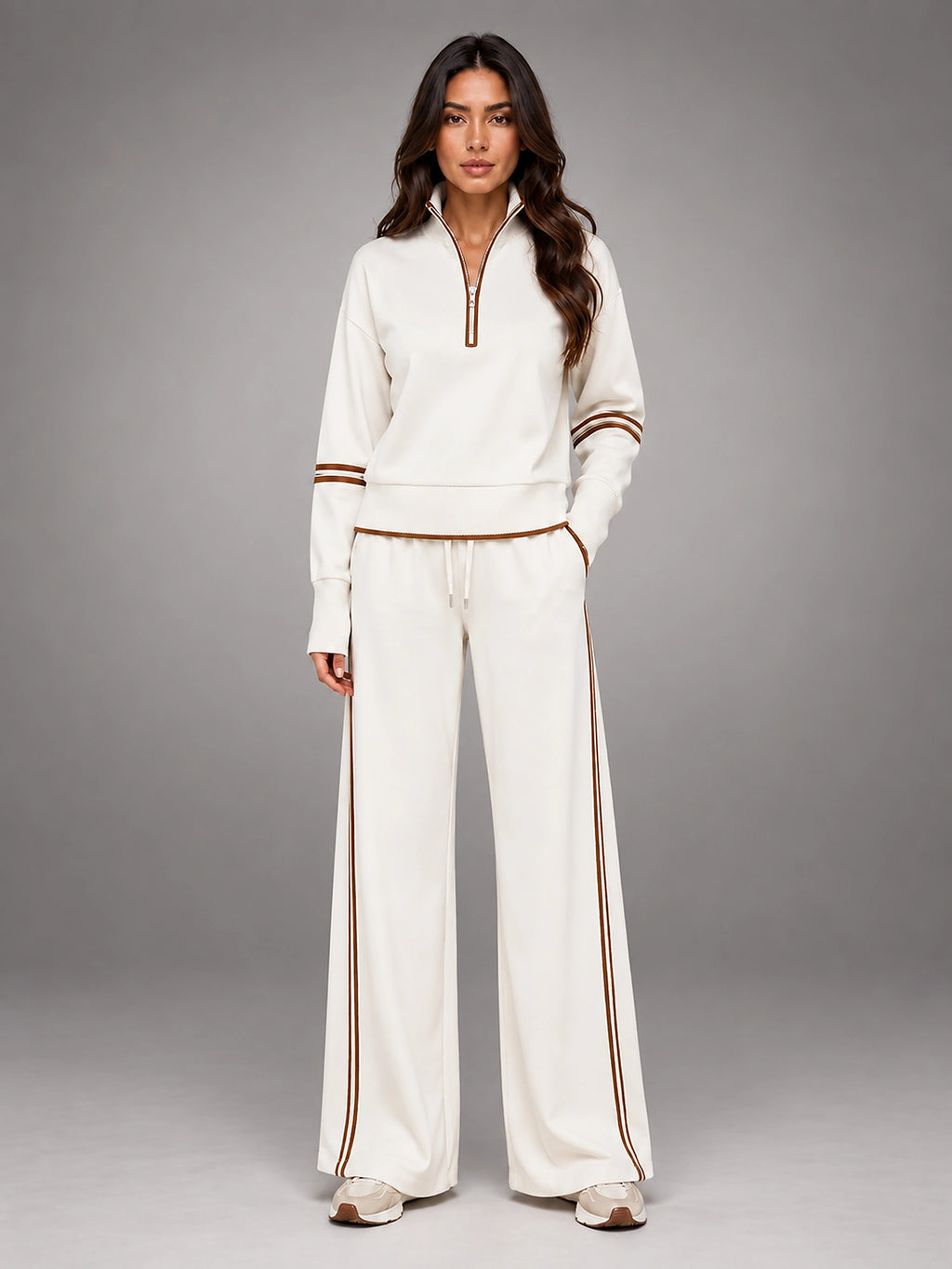 Women's Half Zip Lounge Set – Relaxed Wide Leg - Cream