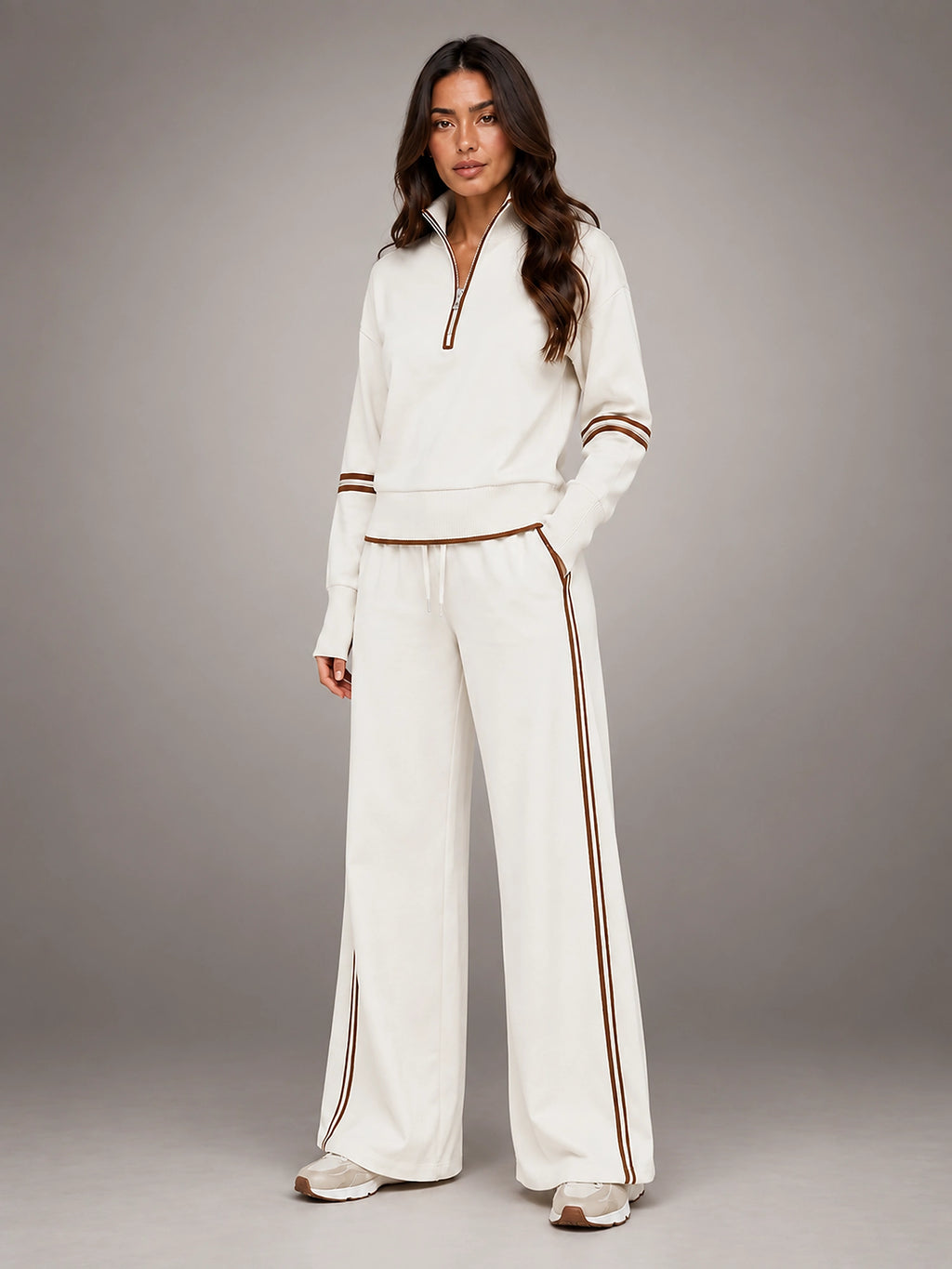 Women's Half Zip Lounge Set – Relaxed Wide Leg - Cream