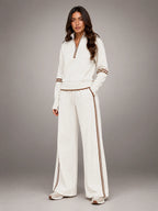 Women's Half Zip Lounge Set – Relaxed Wide Leg - Cream