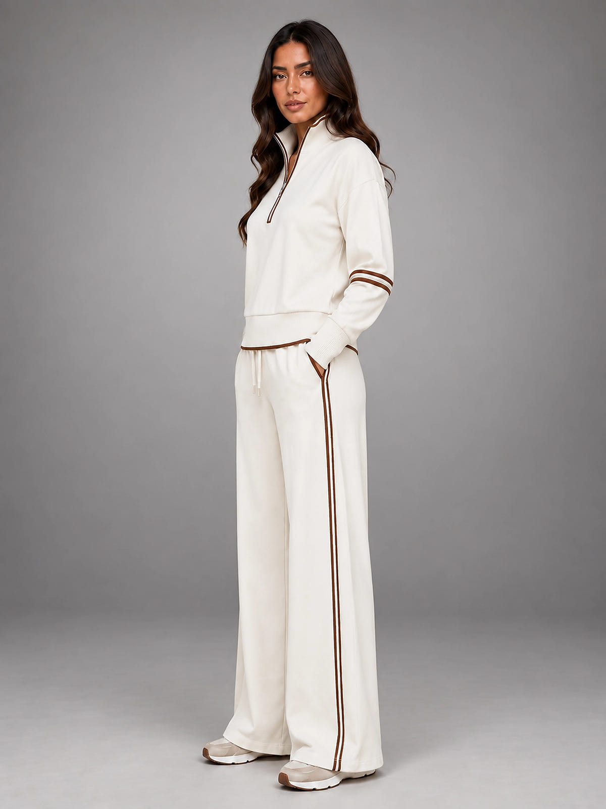Women's Half Zip Lounge Set – Relaxed Wide Leg - Cream