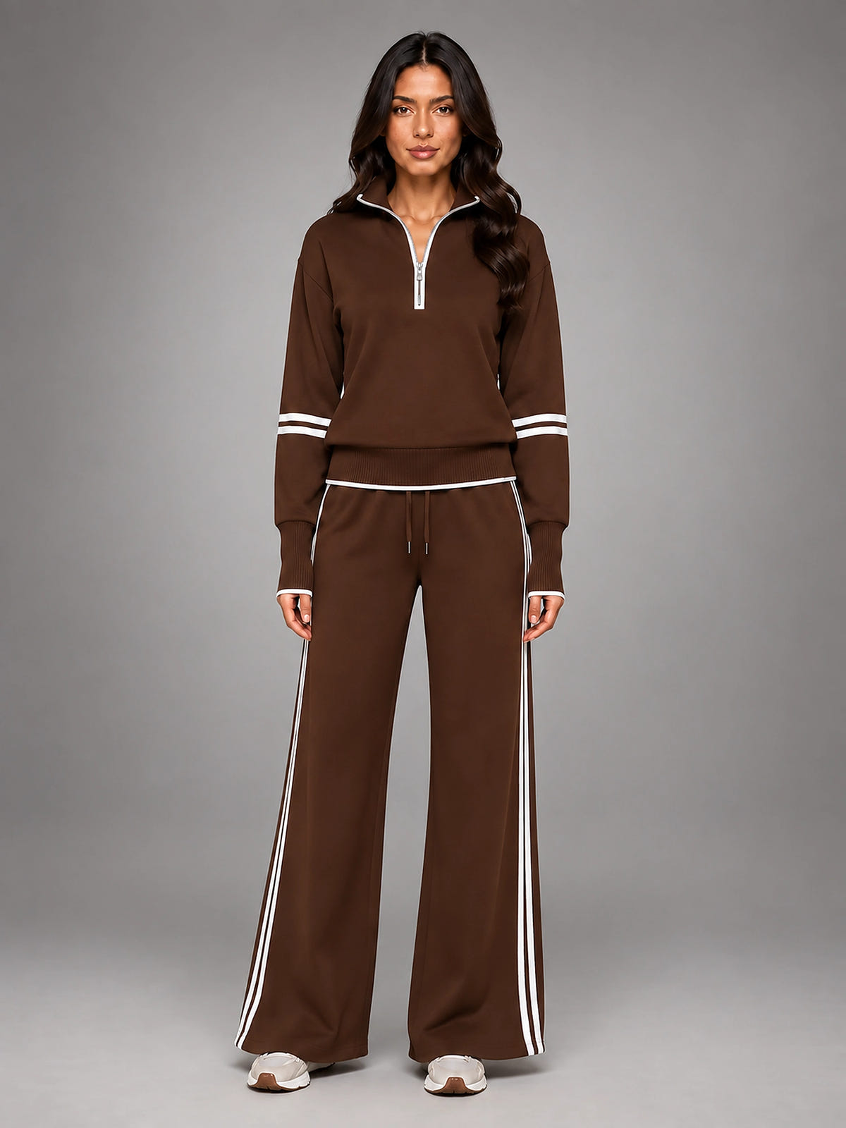 Women's Half Zip Lounge Set – Relaxed Wide Leg - Brown